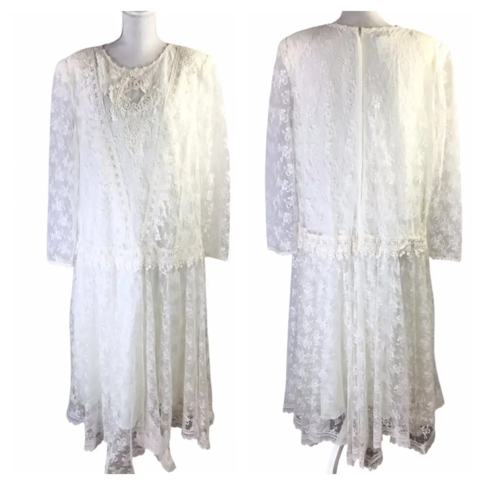 Jessica McClintock Bridal Dress Gown Vintage Lace Drop Waist Size 18W Plus Ivory